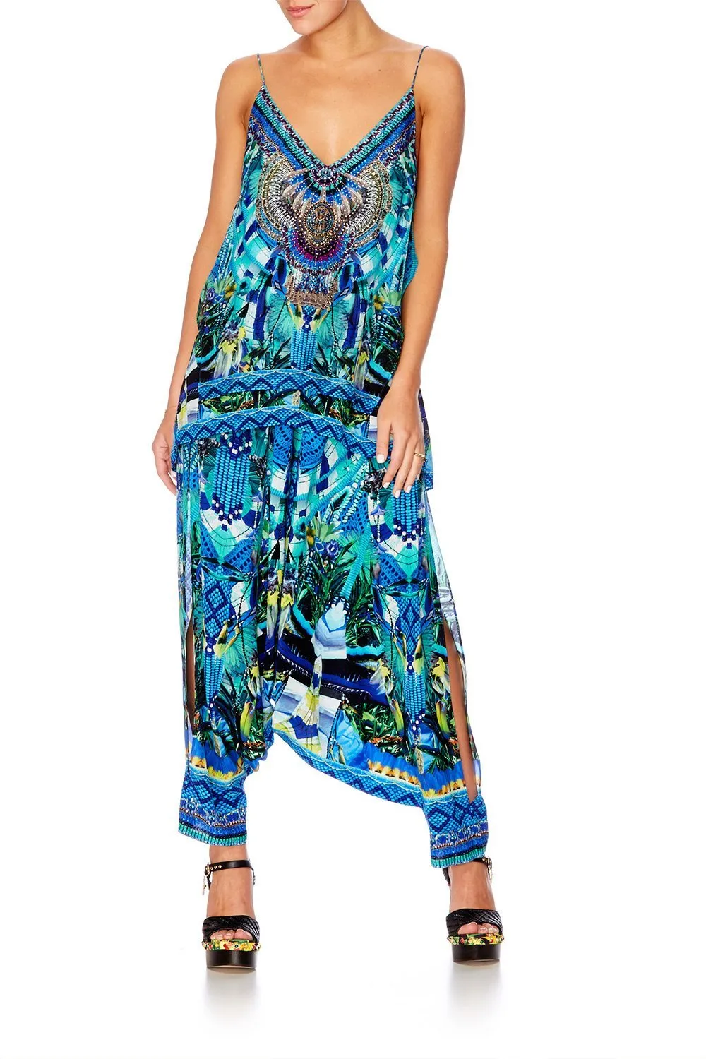 HAREM PANTS WITH SIDE SPLIT AMAZON AZURE