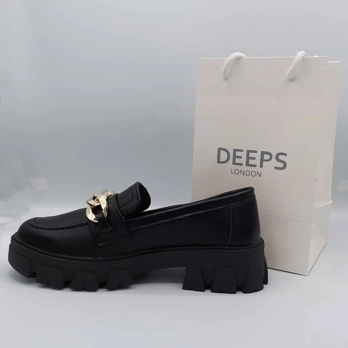HONEY BLACK PATENT FLAT LOAFER WITH CHAIN DETAIL AND CHUNKY PLATFORM
