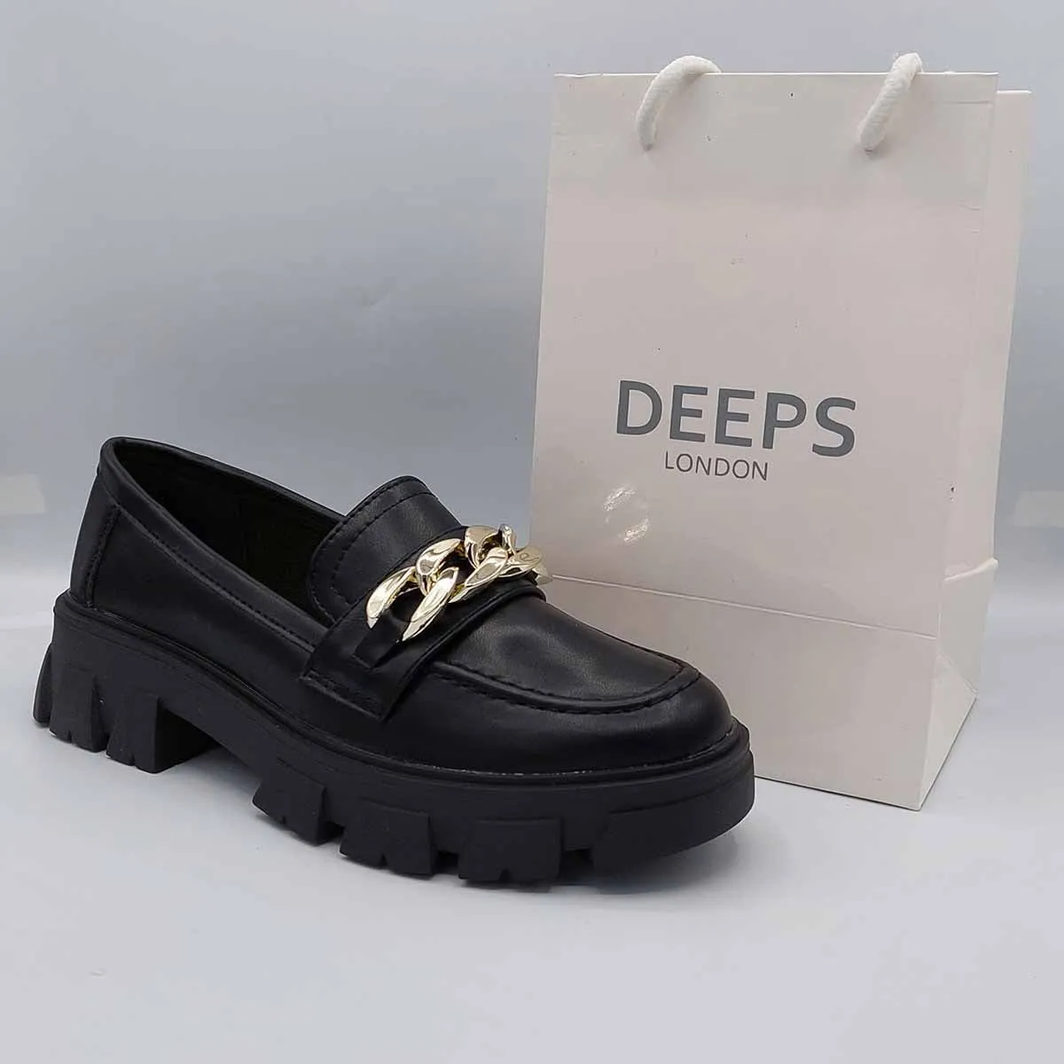 HONEY BLACK PATENT FLAT LOAFER WITH CHAIN DETAIL AND CHUNKY PLATFORM