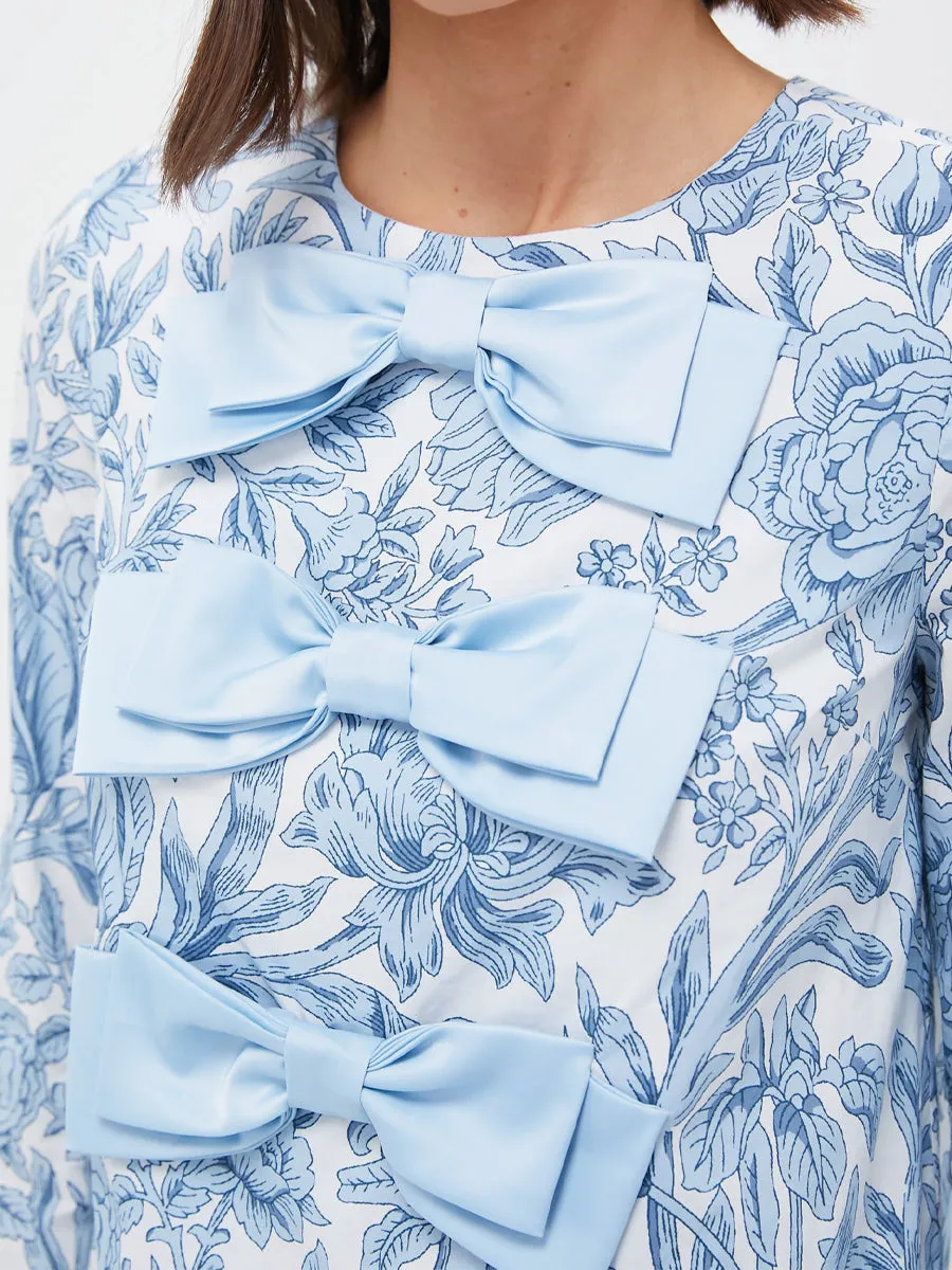 Printed Long Sleeve Bows Mini Dress